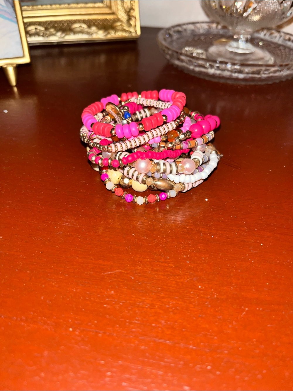 Frances Valentine Pink, Hot Pink & Gold Layered Beaded Bracelet Stack - Picture 2 of 3